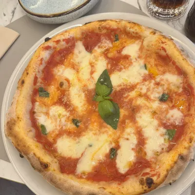 Pizza Margherita vista de cima, com tomate, mozzarella e folhas de manjericão.